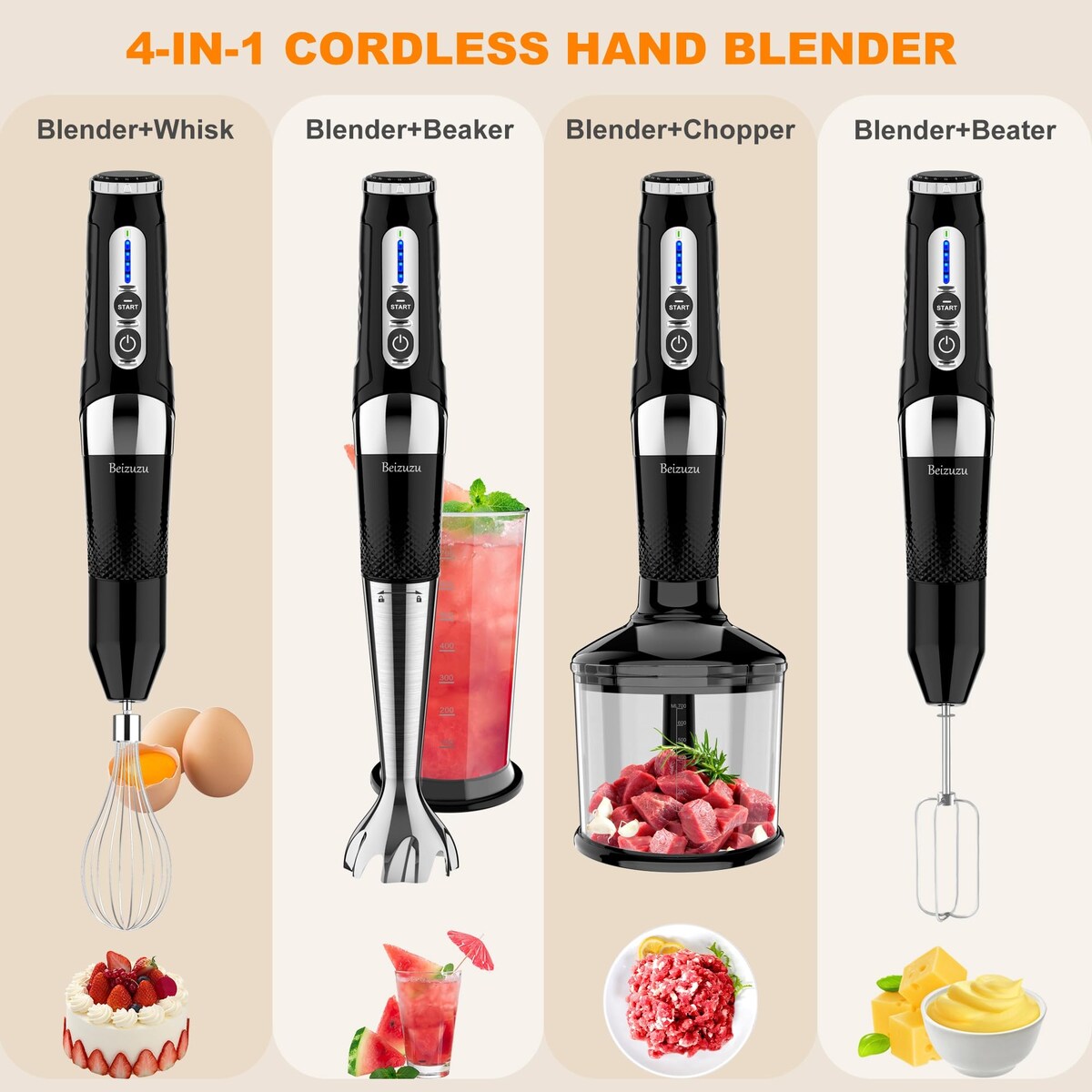 Mixeur à main sans fil : Mixeur plongeant rechargeable par USB 4-en-1, 21 vitesses variables et angle réglable à 3 positions avec hachoir de 700 ml