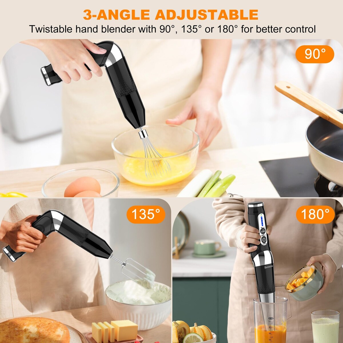 Mixeur à main sans fil : Mixeur plongeant rechargeable par USB 4-en-1, 21 vitesses variables et angle réglable à 3 positions avec hachoir de 700 ml
