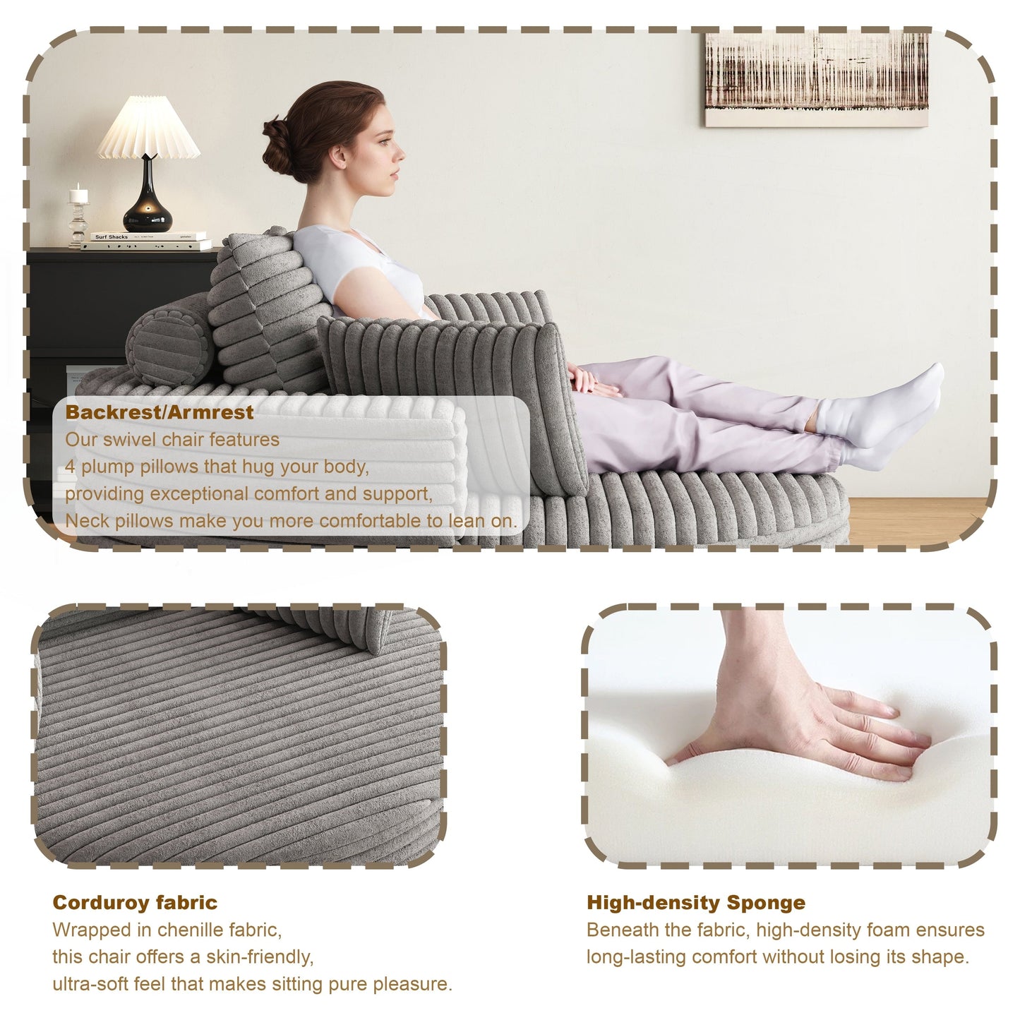 Fauteuil pivotant à une place en mousse et chenille cordouroy