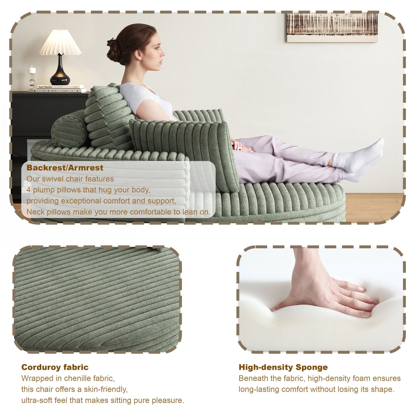 Fauteuil pivotant à une place en mousse et chenille cordouroy