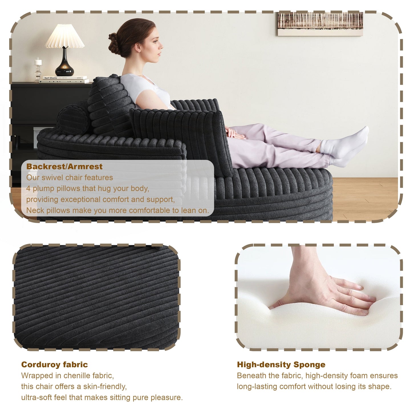 Fauteuil pivotant à une place en mousse et chenille cordouroy