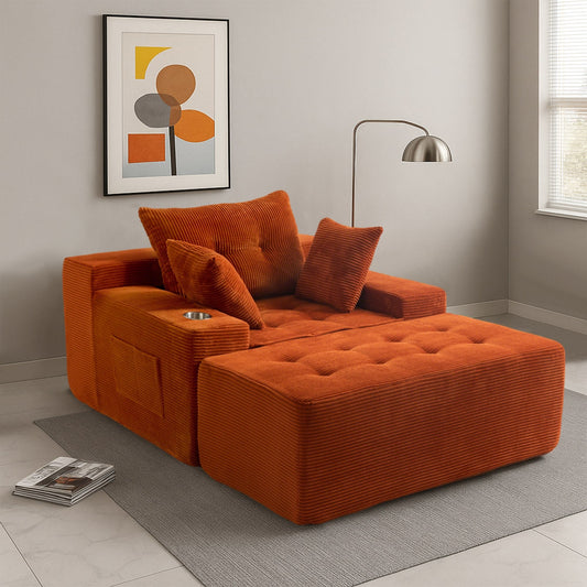 Canapé en mousse à mémoire de forme recouvert de velours côtelé avec pouf, canapé-lit en forme de beanbag - 48.4Lx67.7Wx24.4H