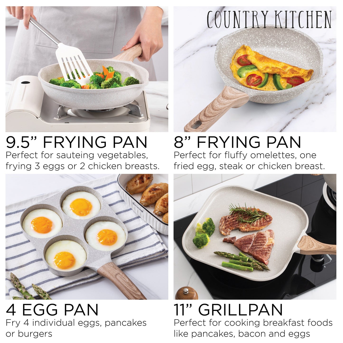 Country Kitchen - Ensemble de 13 pièces pour cuisinière à induction, casseroles et poêles en aluminium coulé avec poignées en BAKÉLITE.