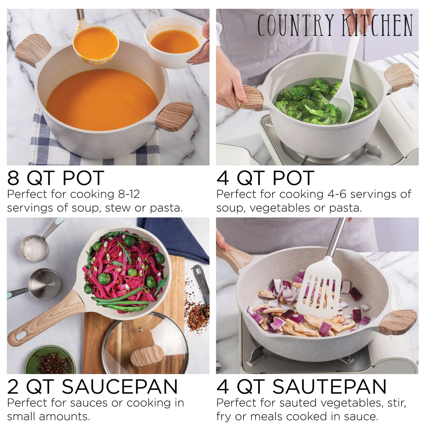 Country Kitchen - Ensemble de 13 pièces pour cuisinière à induction, casseroles et poêles en aluminium coulé avec poignées en BAKÉLITE.