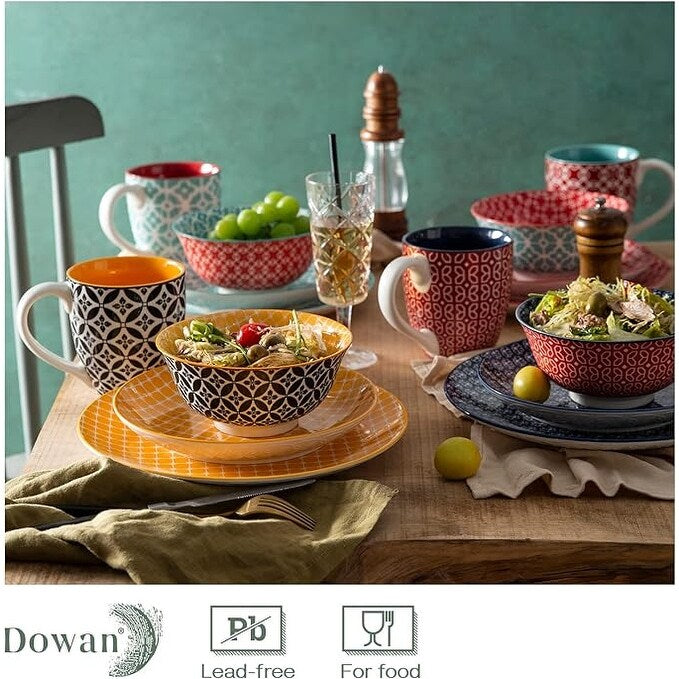 Service de table en céramique DOWAN, ensemble de 16 pièces pour 4 personnes, assiettes et bols décoratifs.