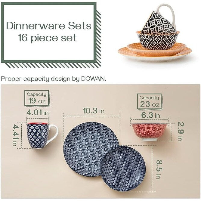 Service de table en céramique DOWAN, ensemble de 16 pièces pour 4 personnes, assiettes et bols décoratifs.