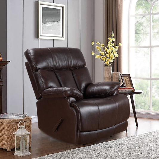 Davin Fauteuil inclinable manuel en cuir véritable, dossier haut, pied extensible, marron.