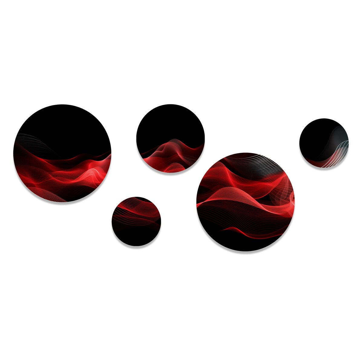 Designart Red Black Contemplative Abstraction IX Modern Waves - Ensemble de 5 décorations murales rondes en métal