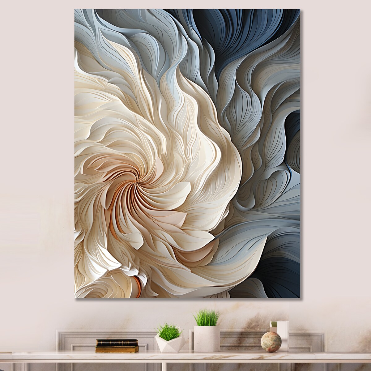 Designart White And Blue Feather Spiral II Abstract Geometric Wall Art Blue - Modern Wrapped Canvas For Hallway Décor