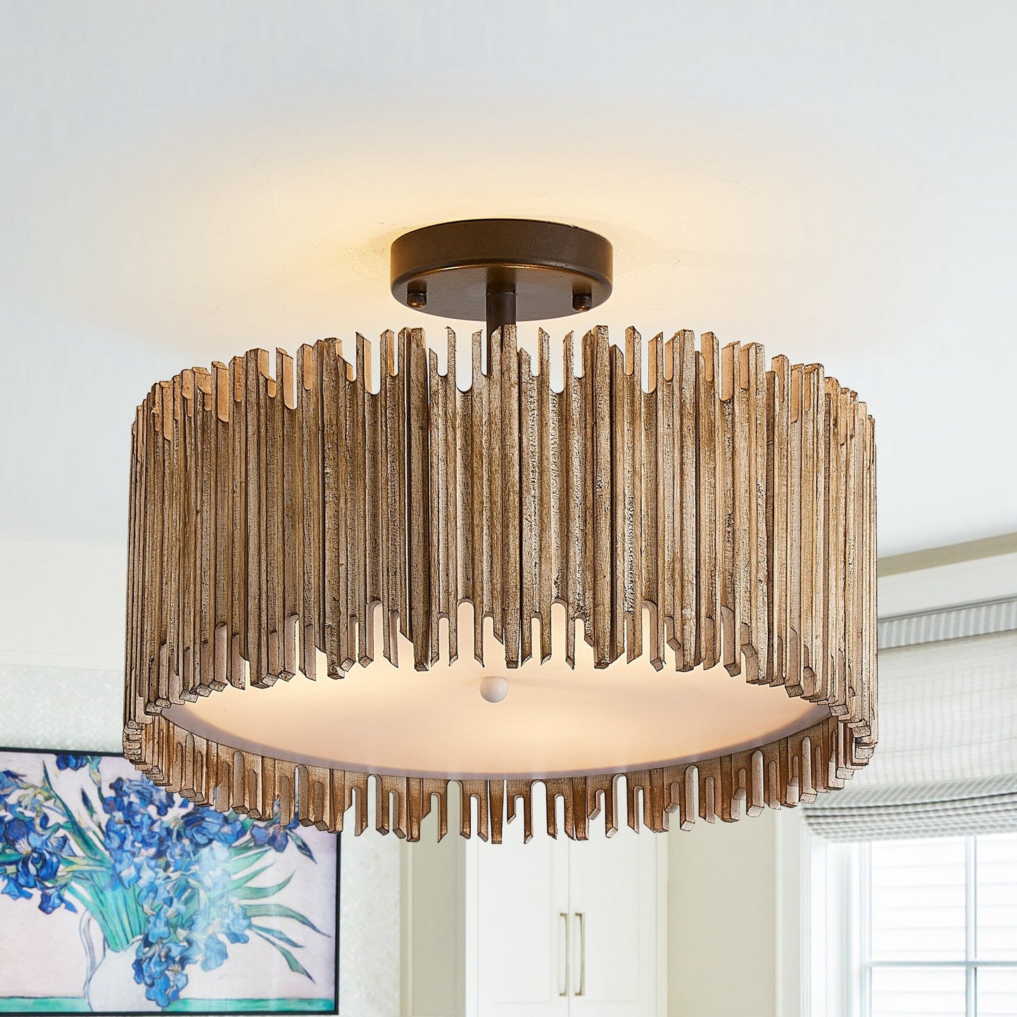 Suspension à 3 lumières en bois blanc vieilli, style tambour, à fixer au plafond