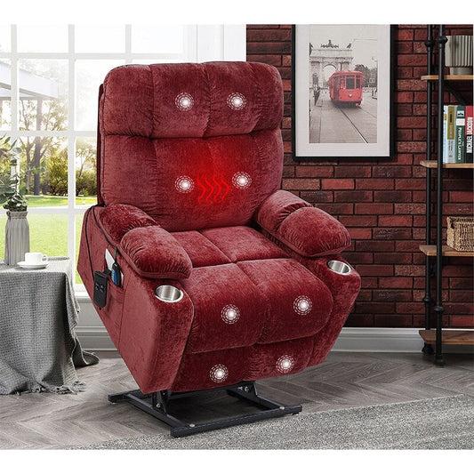 Fauteuil releveur à double moteur OKIN pour personnes âgées avec chauffage, massage, dossier inclinable à 180° et repose-pieds/repose-dos réglables.
