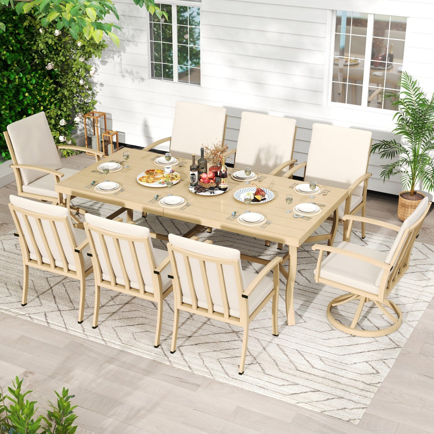 EGEIROS LIFE AluLux Ensemble de repas de patio en aluminium 9 pièces avec 2 chaises pivotantes, 6 chaises de repas et coussins lavables