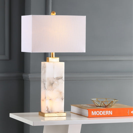Lampe de table LED en albâtre Eloise 27,5 cm, blanc/feuille d'or par JONATHAN Y