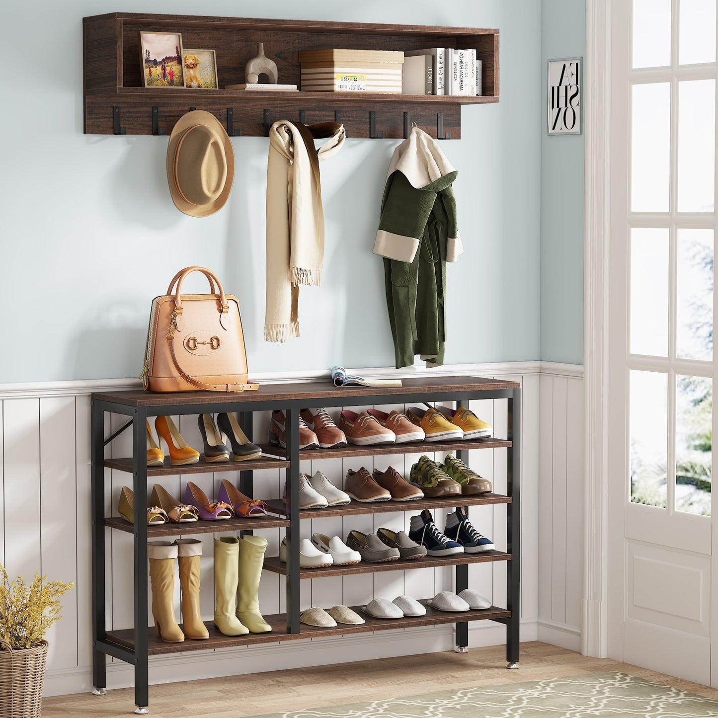 Ensemble porte-manteau et banc à chaussures pour entrée, porte-manteau et rangement à chaussures style industriel