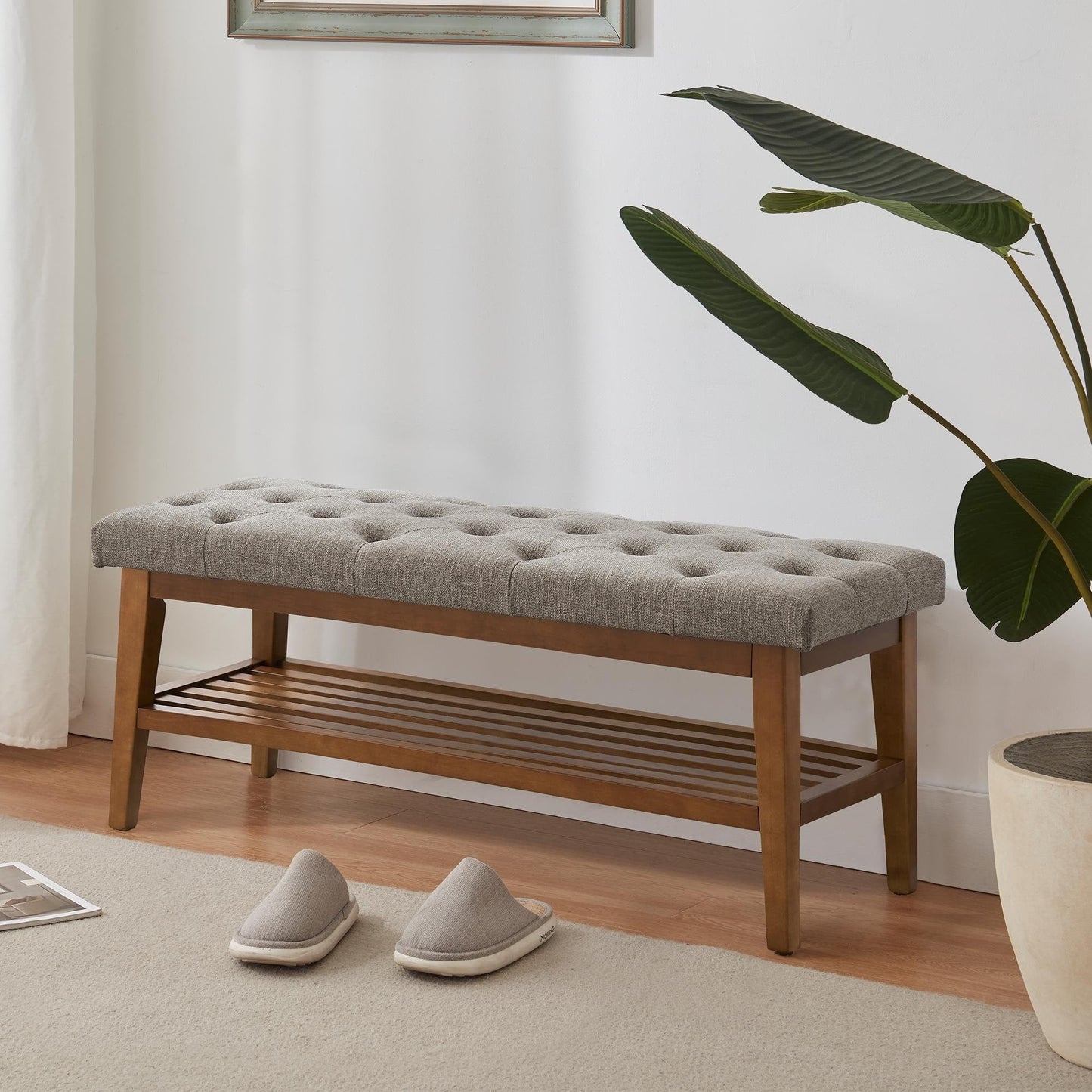 Banc à chaussures d'entrée, banc de rangement, tissu et bois massif, banc rembourré de 109 cm (43 pouces) pour salon et chambres à coucher