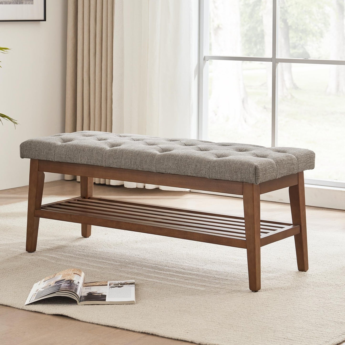 Banc à chaussures d'entrée, banc de rangement, tissu et bois massif, banc rembourré de 109 cm (43 pouces) pour salon et chambres à coucher