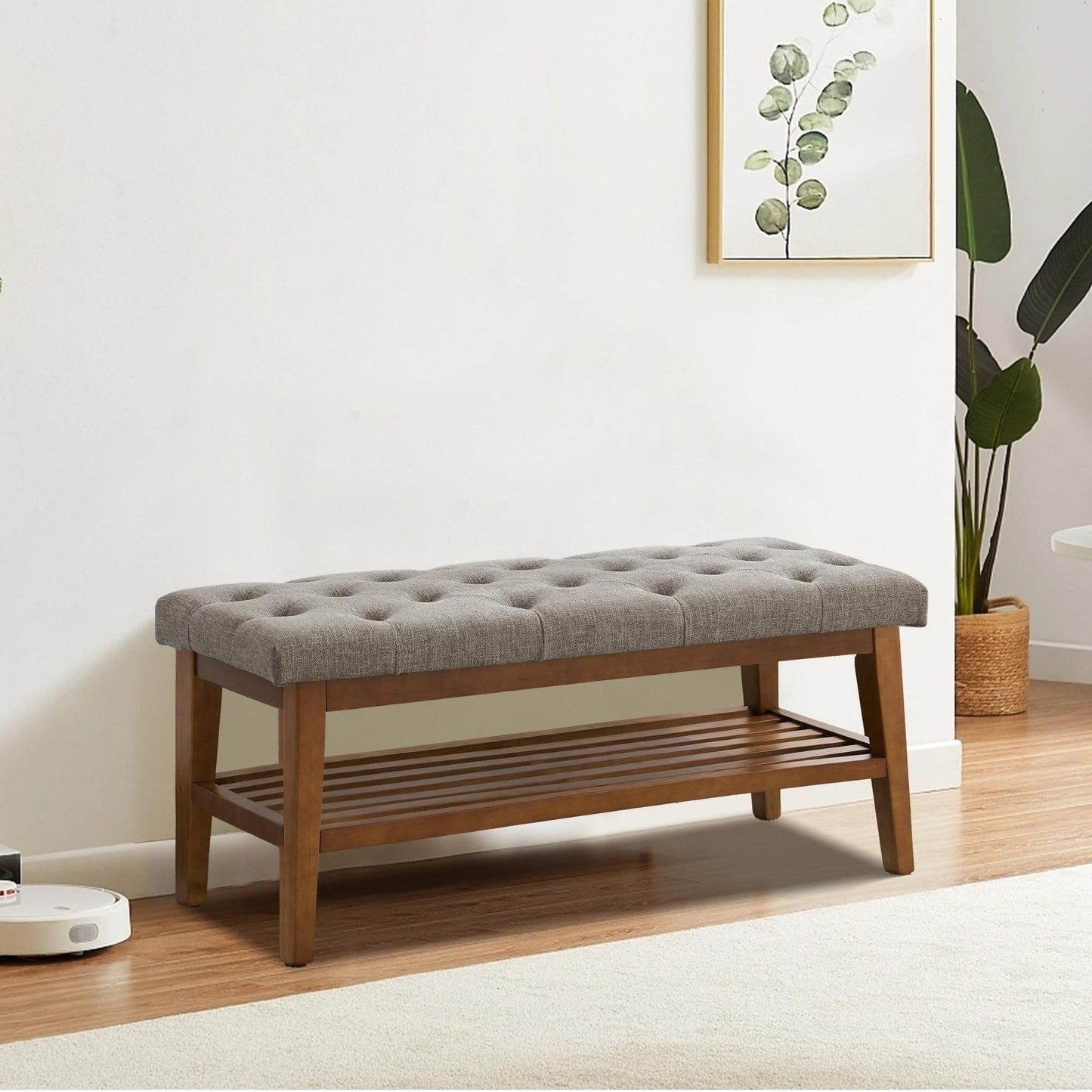 Banc à chaussures d'entrée, banc de rangement, tissu et bois massif, banc rembourré de 109 cm (43 pouces) pour salon et chambres à coucher