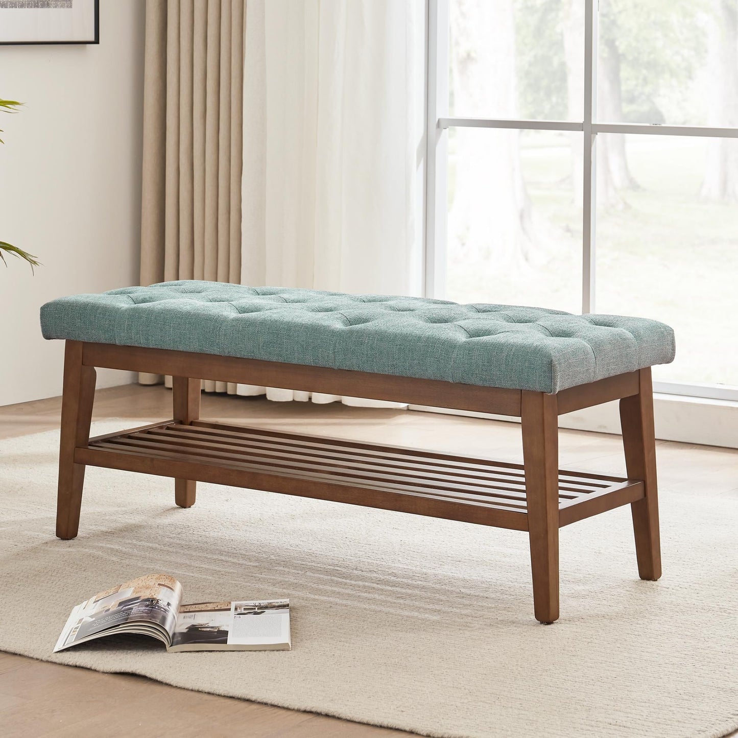 Banc à chaussures d'entrée, banc de rangement, tissu et bois massif, banc rembourré de 109 cm (43 pouces) pour salon et chambres à coucher