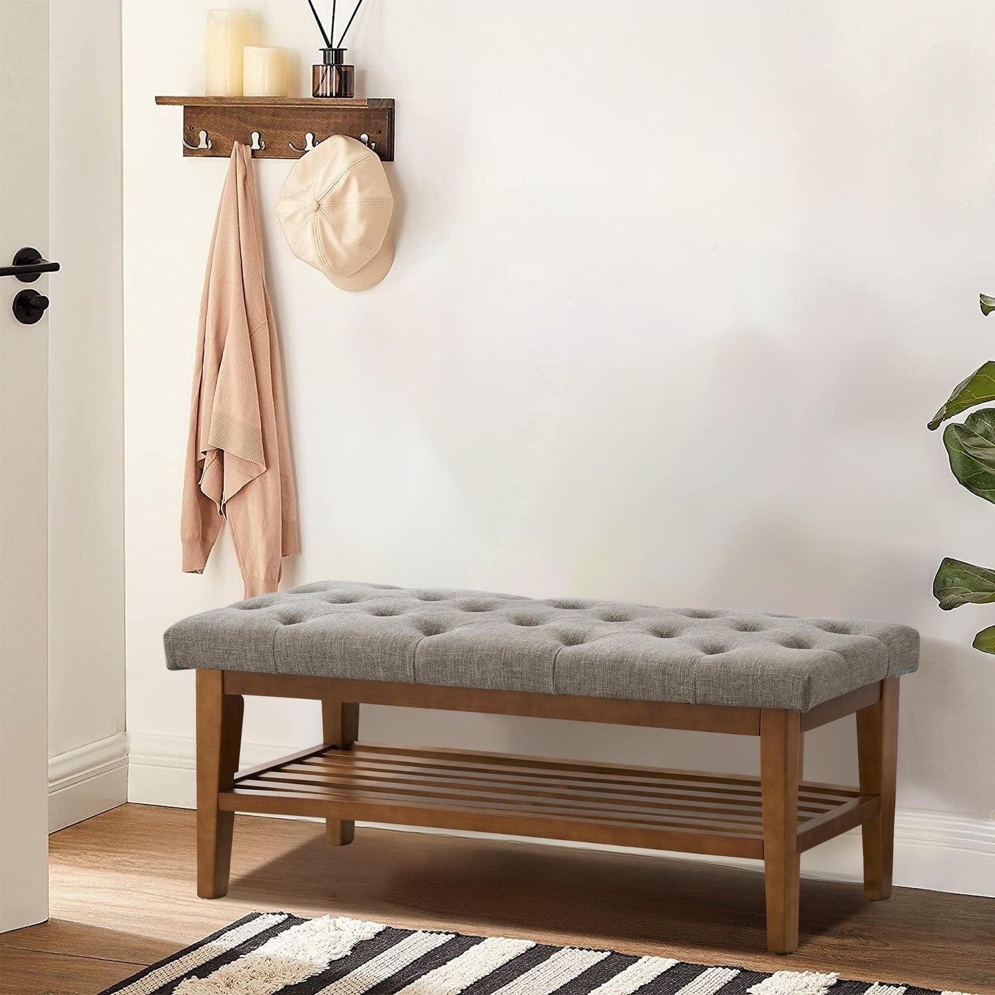 Banc à chaussures d'entrée, banc de rangement, tissu et bois massif, banc rembourré de 109 cm (43 pouces) pour salon et chambres à coucher