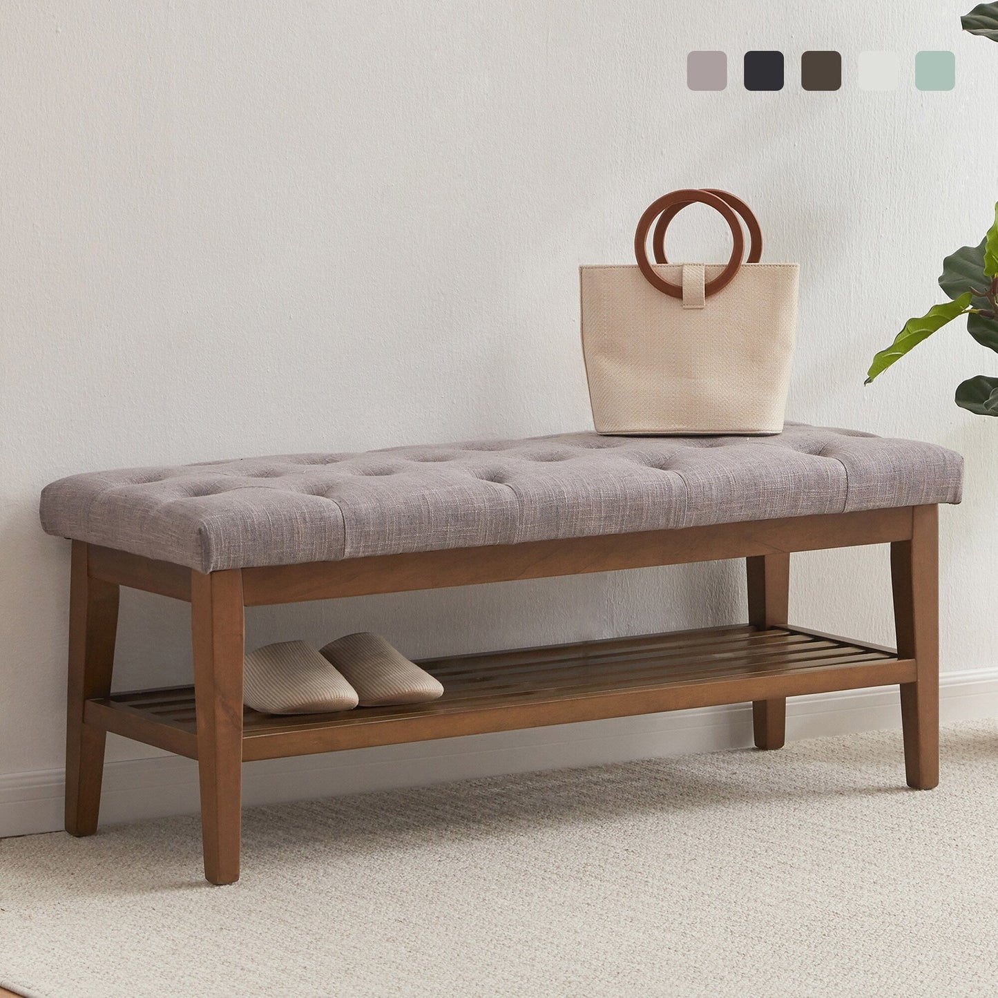 Banc à chaussures d'entrée, banc de rangement, tissu et bois massif, banc rembourré de 109 cm (43 pouces) pour salon et chambres à coucher
