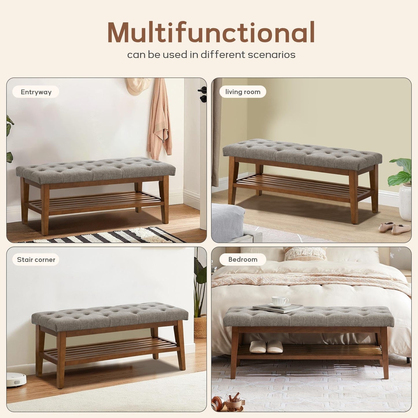 Banc à chaussures d'entrée, banc de rangement, tissu et bois massif, banc rembourré de 109 cm (43 pouces) pour salon et chambres à coucher
