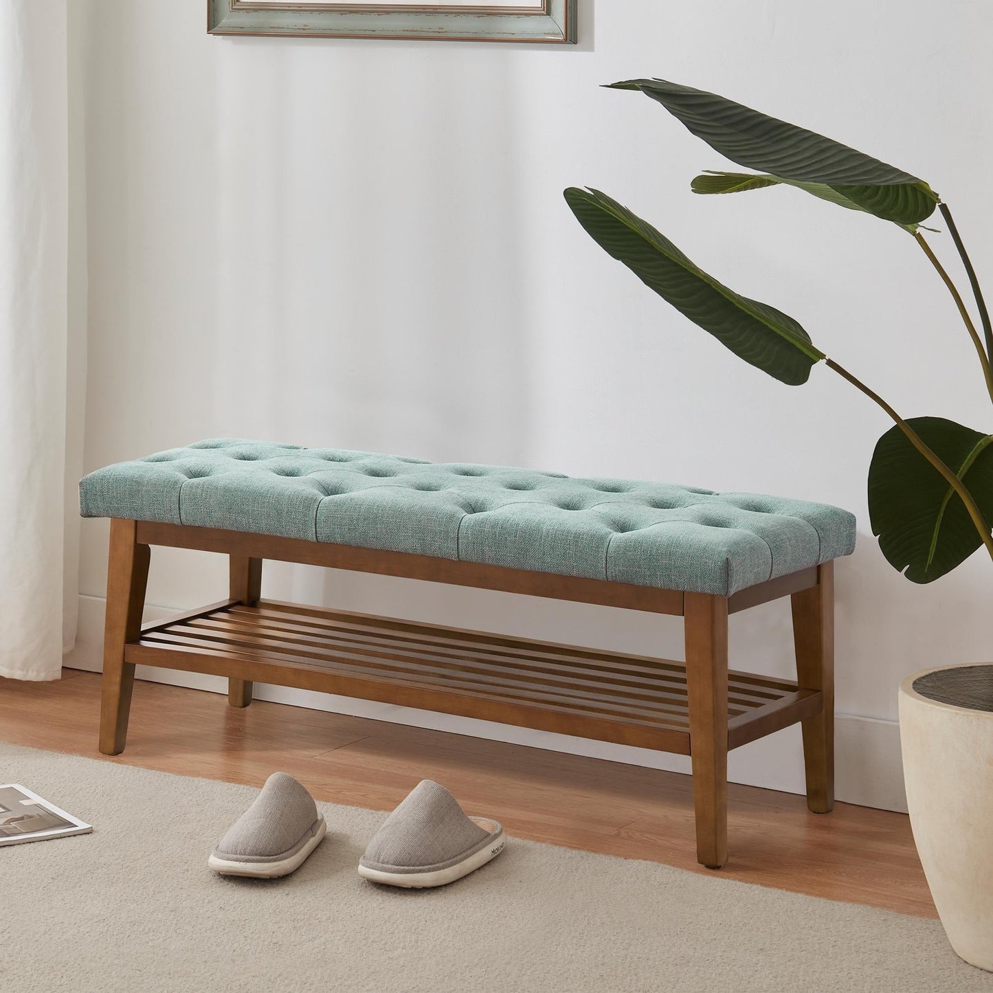 Banc à chaussures d'entrée, banc de rangement, tissu et bois massif, banc rembourré de 109 cm (43 pouces) pour salon et chambres à coucher