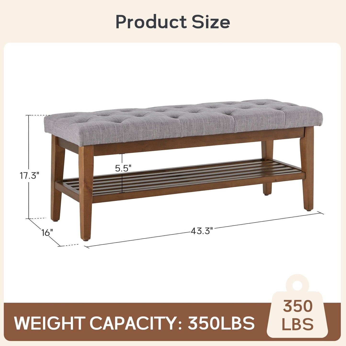 Banc à chaussures d'entrée, banc de rangement, tissu et bois massif, banc rembourré de 109 cm (43 pouces) pour salon et chambres à coucher