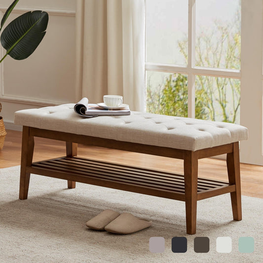 Banc à chaussures d'entrée, banc de rangement, tissu et bois massif, banc rembourré de 109 cm (43 pouces) pour salon et chambres à coucher