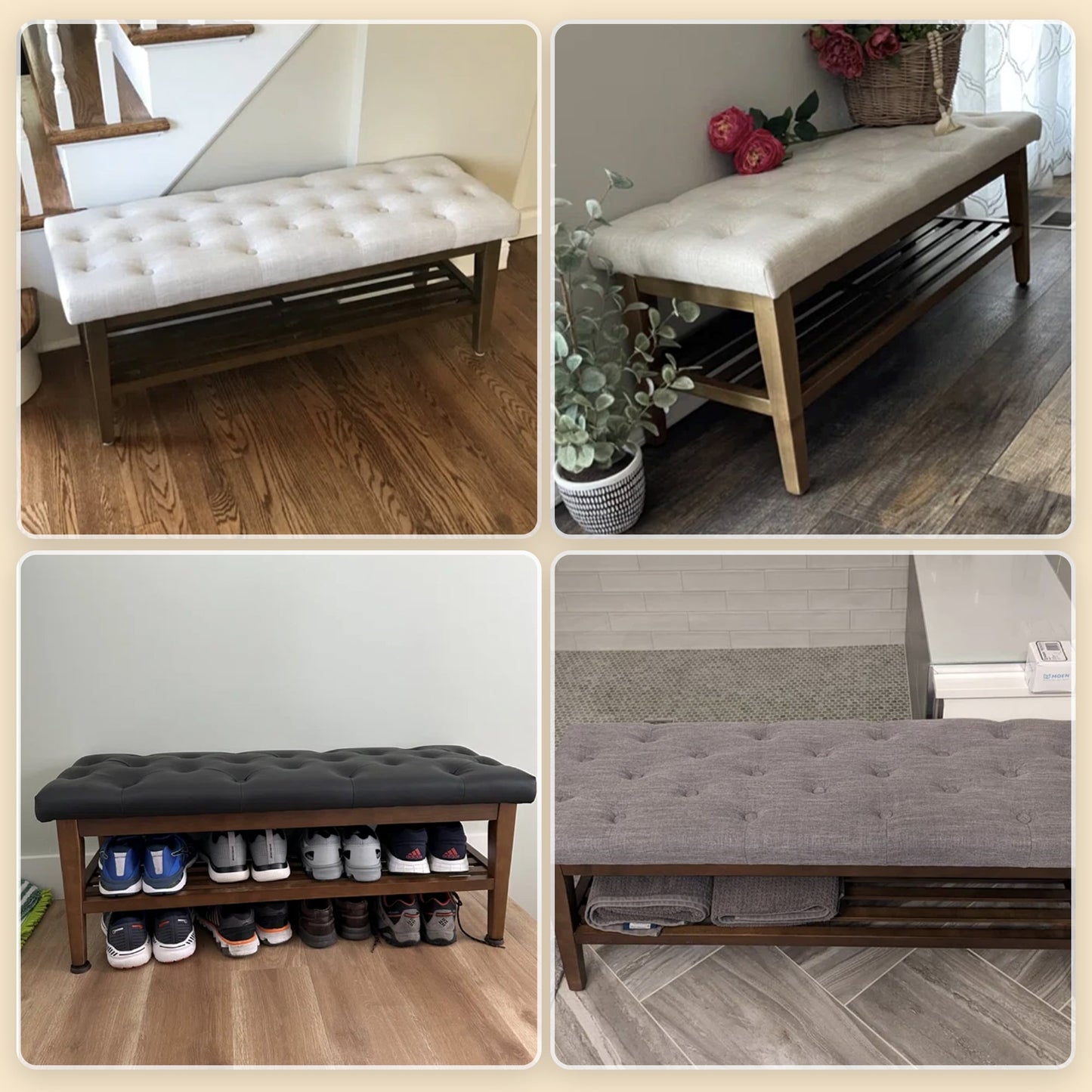 Banc à chaussures d'entrée, banc de rangement, tissu et bois massif, banc rembourré de 109 cm (43 pouces) pour salon et chambres à coucher