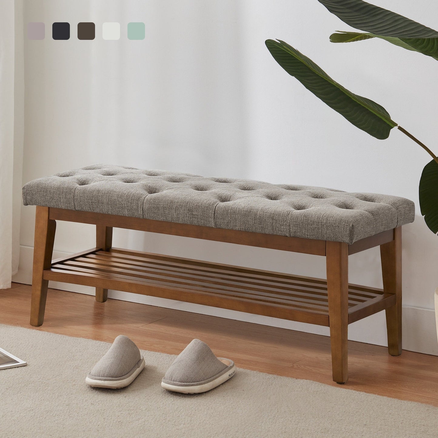 Banc à chaussures d'entrée, banc de rangement, tissu et bois massif, banc rembourré de 109 cm (43 pouces) pour salon et chambres à coucher