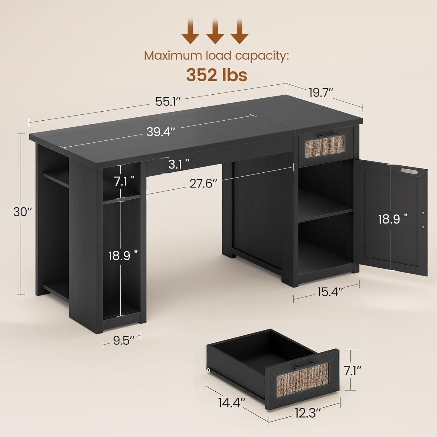 Bureau de direction style farmhouse, bureau de travail pour la maison, tiroir à dossiers, support de moniteur, prise de courant.