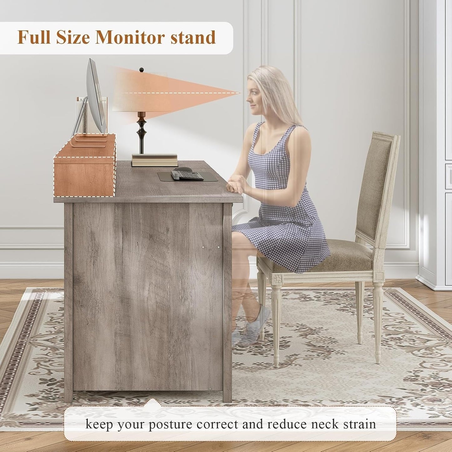 Bureau de direction style farmhouse, bureau de travail pour la maison, tiroir à dossiers, support de moniteur, prise de courant.