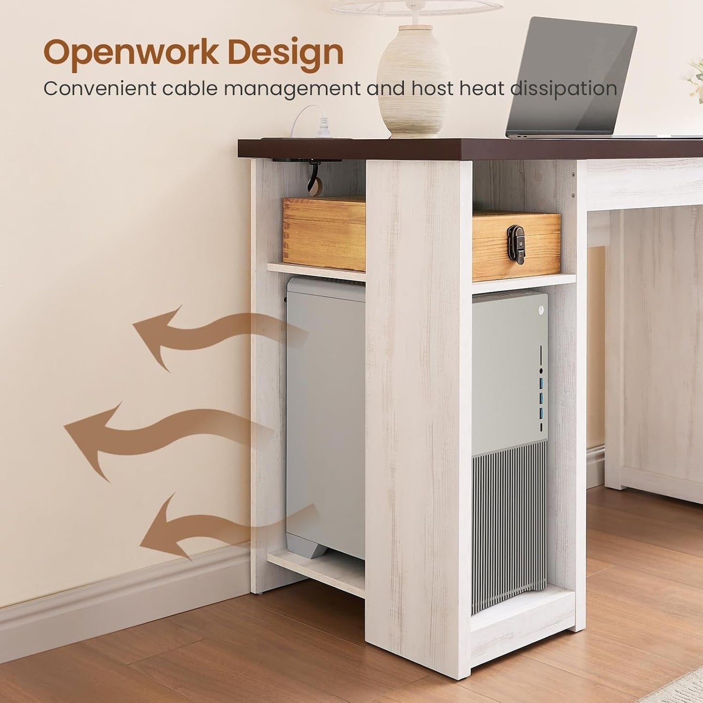 Bureau de direction style farmhouse, bureau de travail pour la maison, tiroir à dossiers, support de moniteur, prise de courant.