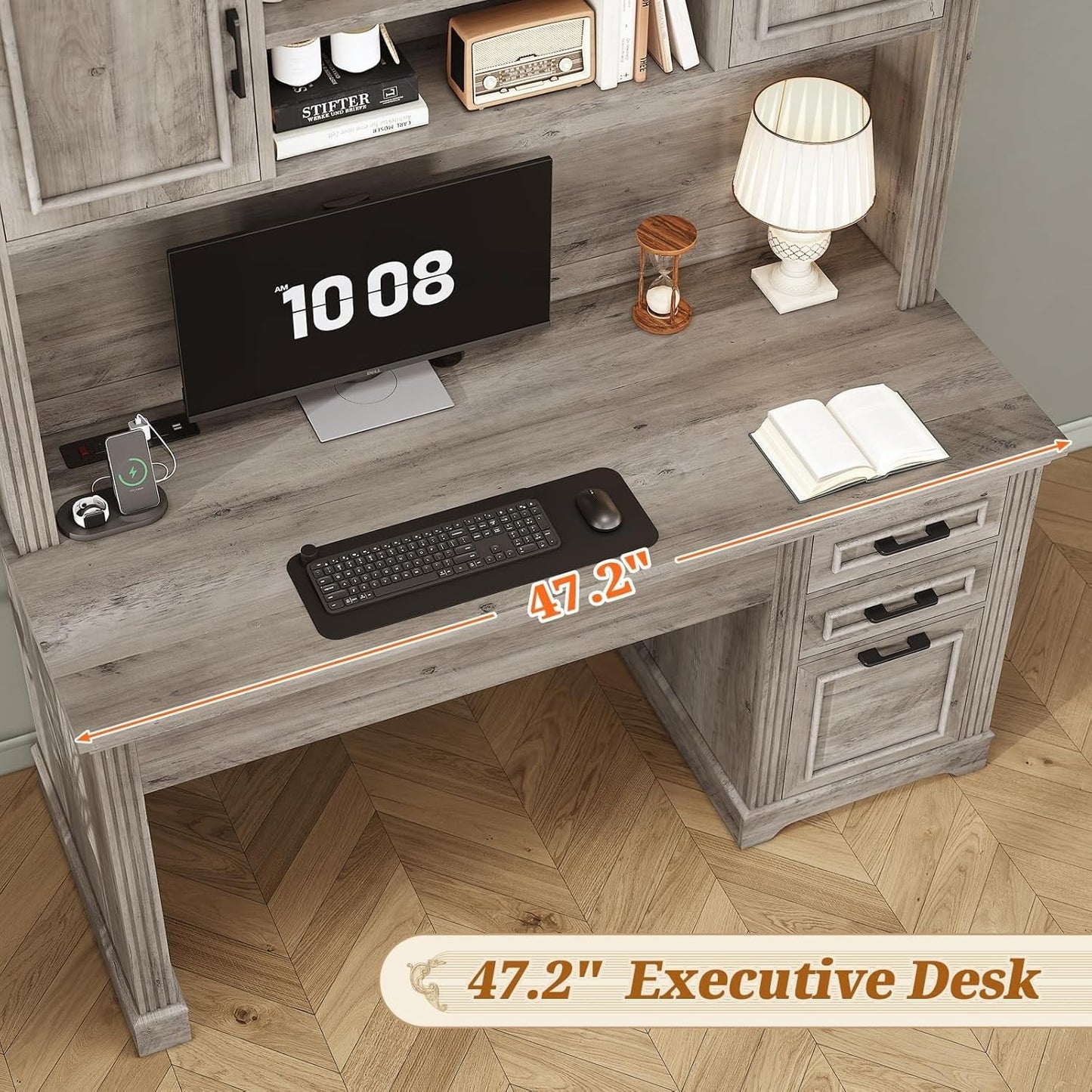 Bureau de direction style farmhouse, bureau de travail pour la maison, tiroir à dossiers, support de moniteur, prise de courant.