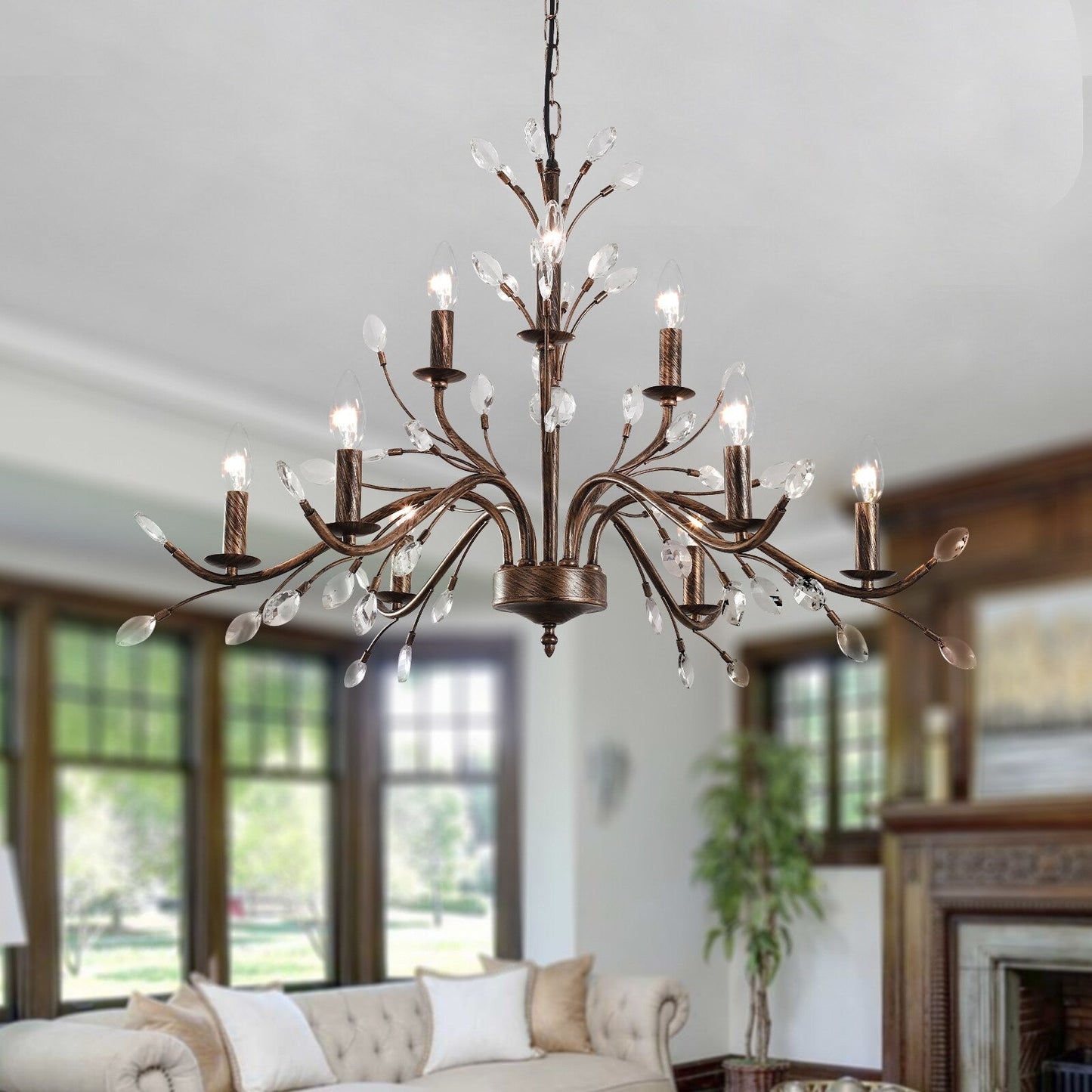 Luminaire suspendu en forme de branche d'arbre rétro style ferme avec lustre en cristal et bougie.