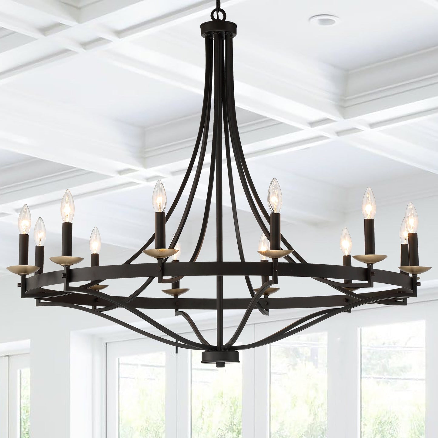 Luminaire à 12 lumières Fidenza, style ferme moderne, en forme de roue de chariot d'empire, avec certification UL - Diamètre 40'' * Hauteur 135''