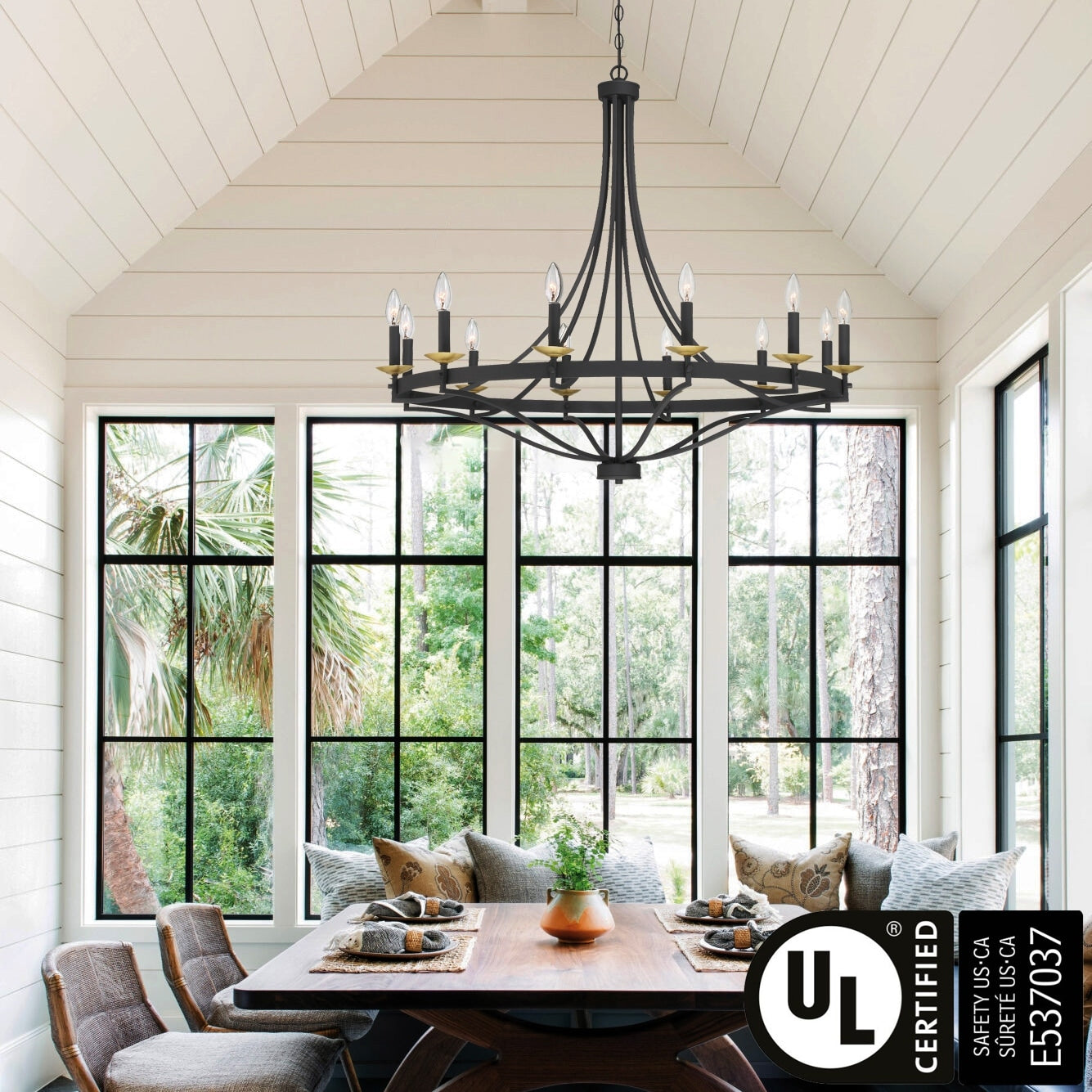 Luminaire à 12 lumières Fidenza, style ferme moderne, en forme de roue de chariot d'empire, avec certification UL - Diamètre 40'' * Hauteur 135''