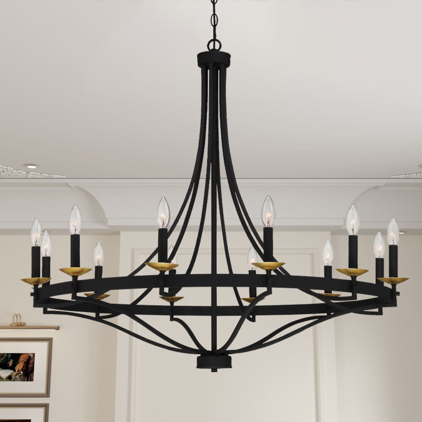 Luminaire à 12 lumières Fidenza, style ferme moderne, en forme de roue de chariot d'empire, avec certification UL - Diamètre 40'' * Hauteur 135''