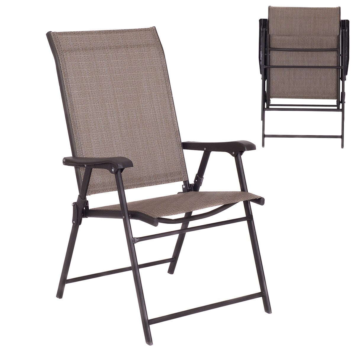 Ensemble de 2 chaises pliantes à dossier en toile pour patio, couleur marron.