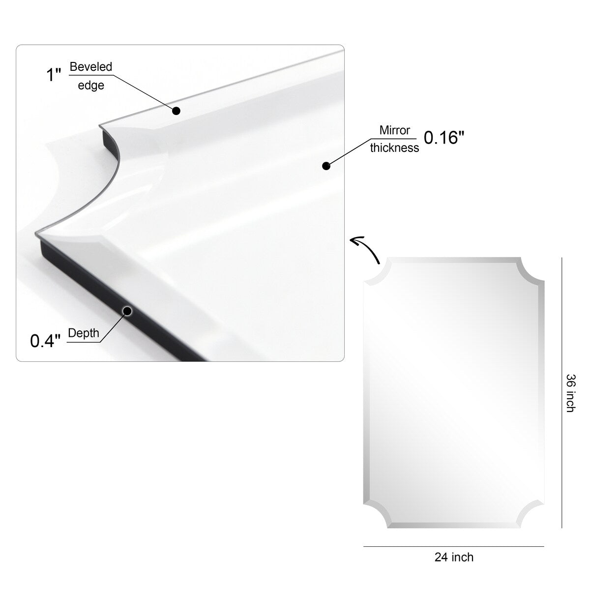 Miroir mural rectangulaire sans cadre, à bords évasés et biseautés, pour salle de bain, meuble-lavabo, chambre à coucher, bord biseauté de 1 côté - Transparent