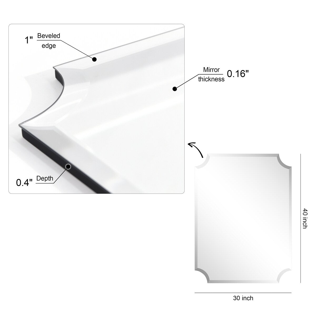 Miroir mural rectangulaire sans cadre, à bords évasés et biseautés, pour salle de bain, meuble-lavabo, chambre à coucher, bord biseauté de 1 côté - Transparent