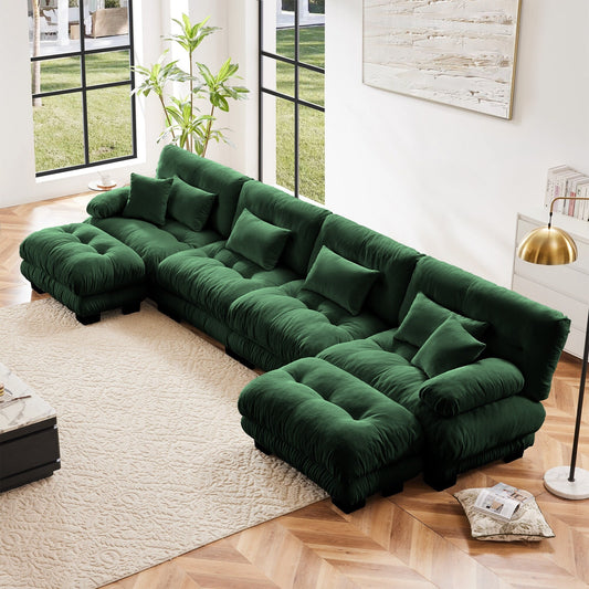 Canapé d'angle modulable en chenille 4 places avec 2 ottomans et coussin pour salon, assemblage libre.
