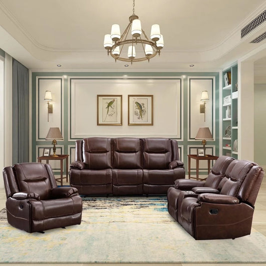 Ensemble de canapés et fauteuils inclinables manuels en cuir véritable, style moderne du milieu du siècle.