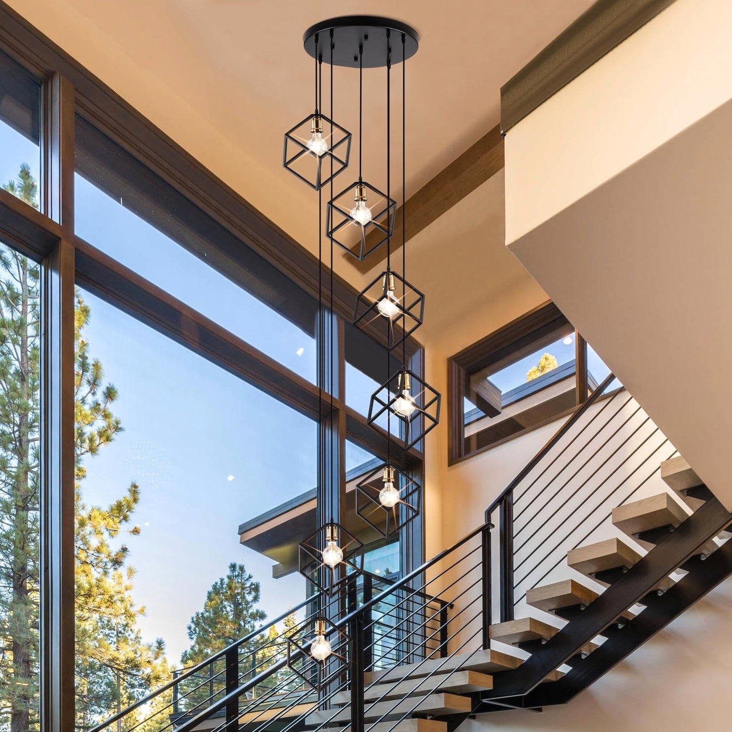 Suspension géométrique pour escalier, hauteur réglable, 5 ou 7 lumières.