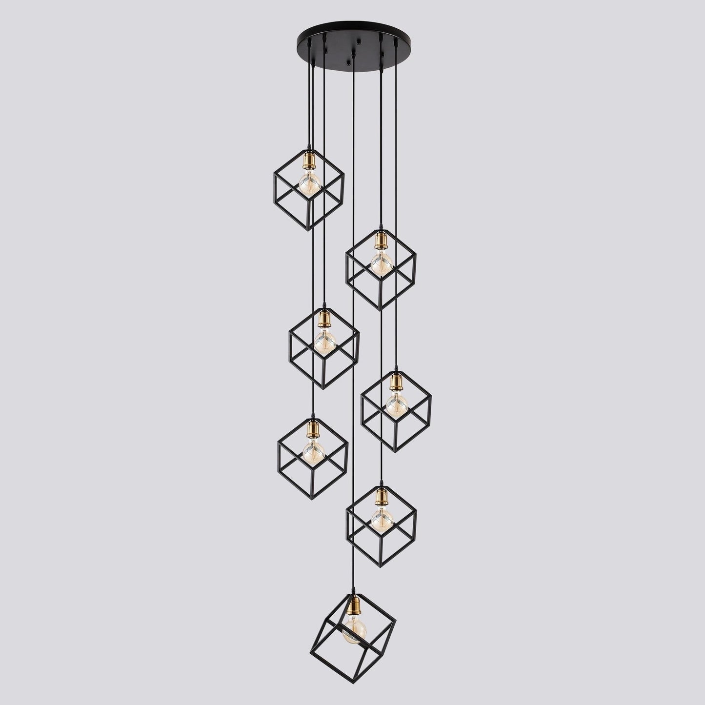 Suspension géométrique pour escalier, hauteur réglable, 5 ou 7 lumières.