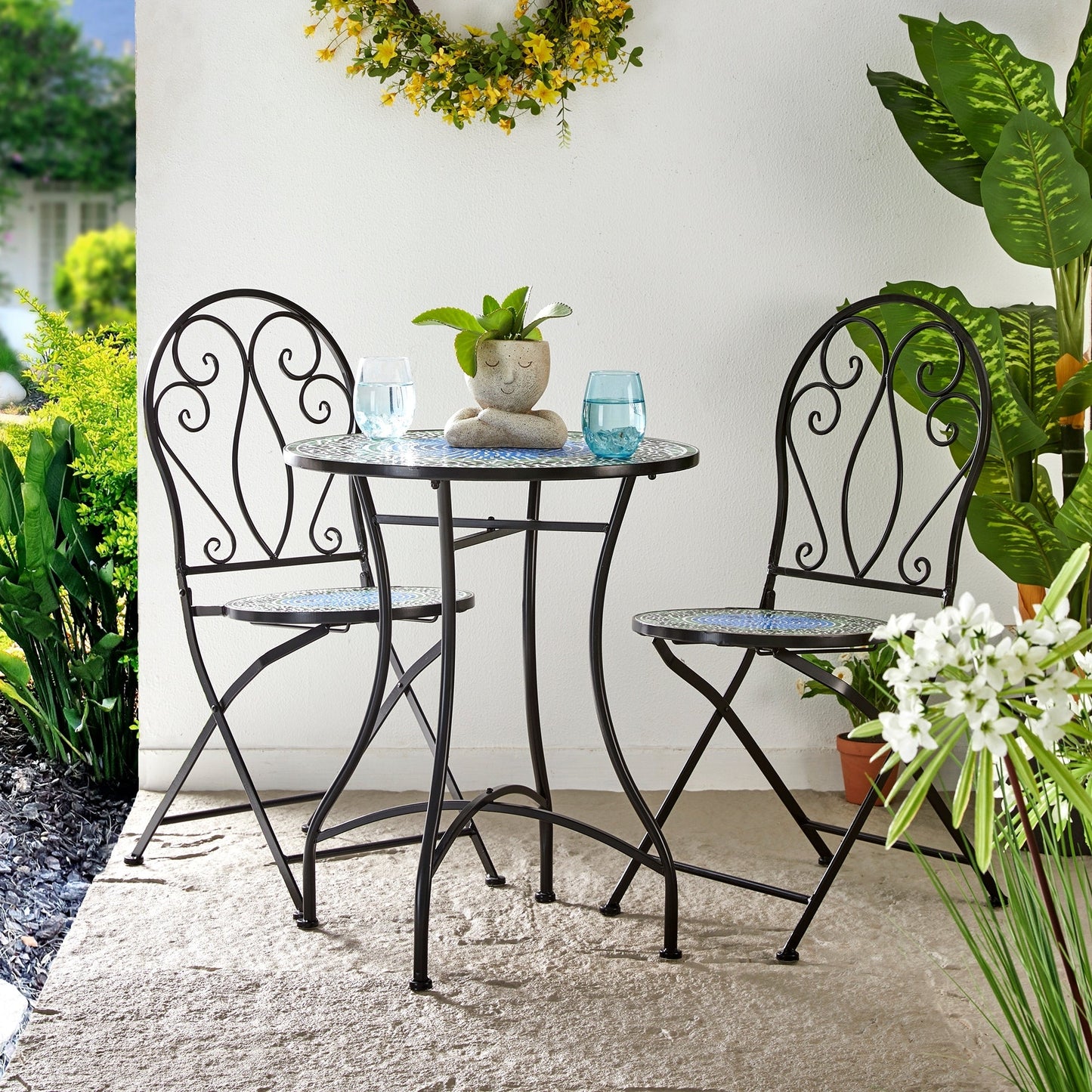 Glitzhome Ensemble de Bistro Pliable en Métal pour Extérieur, 3 Pièces, Table et Chaises de Patio