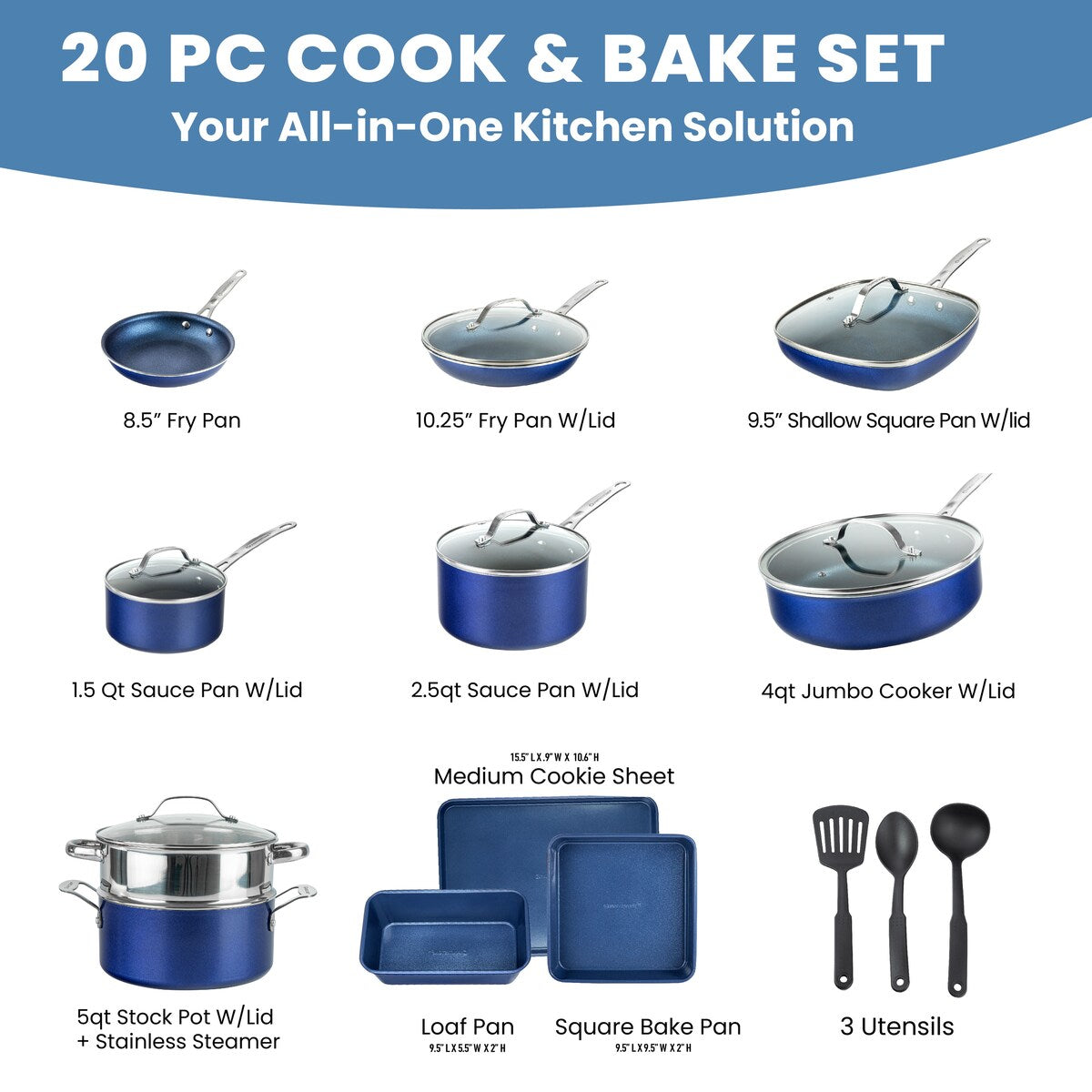 Ensemble de cuisine antiadhésif Granitestone bleu, 20 pièces