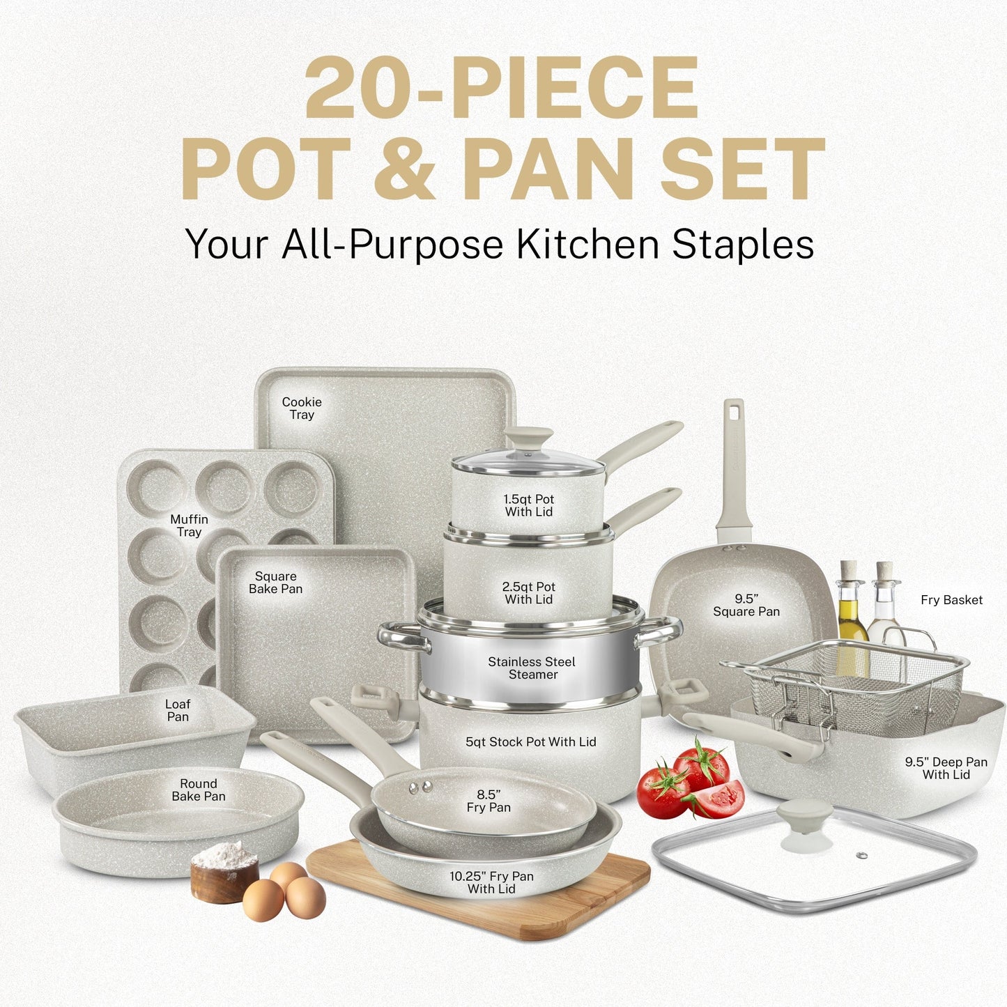 Ensemble de 20 pièces de casseroles et de plaques à pâtisserie antiadhésives Granitestone couleur crème désert.