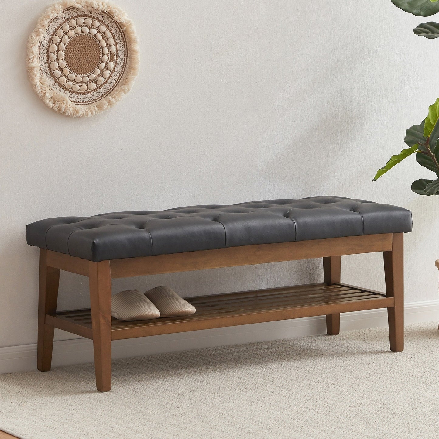 Banc à chaussures d'entrée, banc de rangement, tissu et bois massif, banc rembourré de 109 cm (43 pouces) pour salon et chambres à coucher