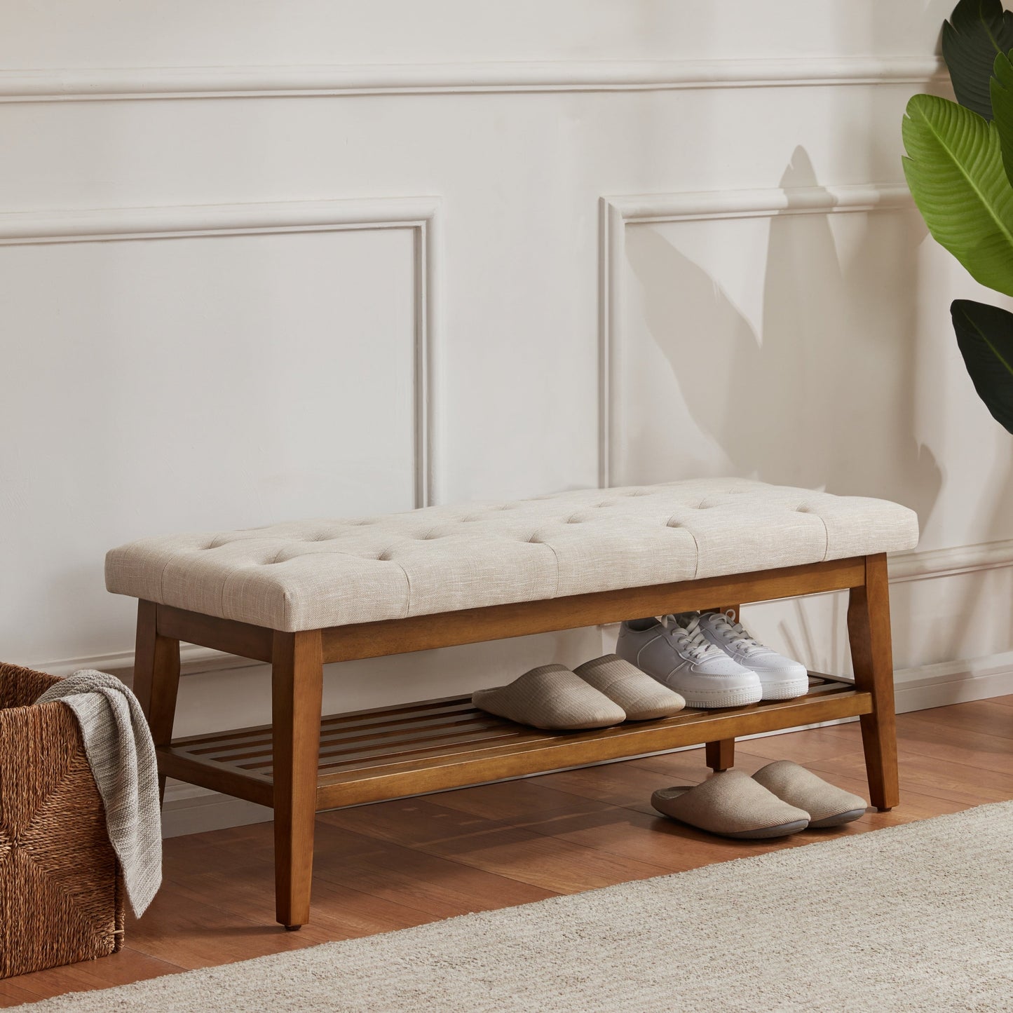 Banc à chaussures d'entrée, banc de rangement, tissu et bois massif, banc rembourré de 109 cm (43 pouces) pour salon et chambres à coucher